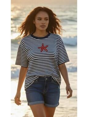 TALBOTS Petites Striped Sequined Starfish Cotton Tee in Navy|White-Petites 3X